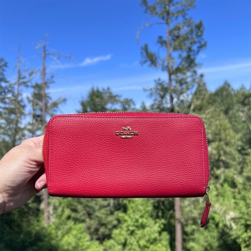 COACH Long Zip-Around Wallet Pebble Leather RED with Gold Hardware AUTHENTIC